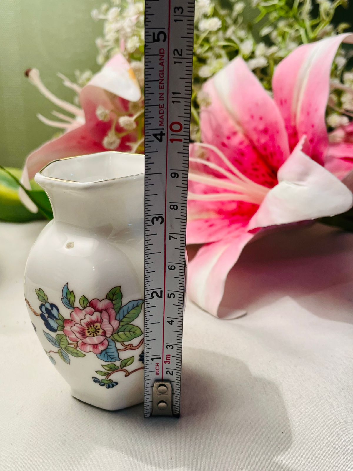 Aynsley White Pink Floral Vase Gold Trim