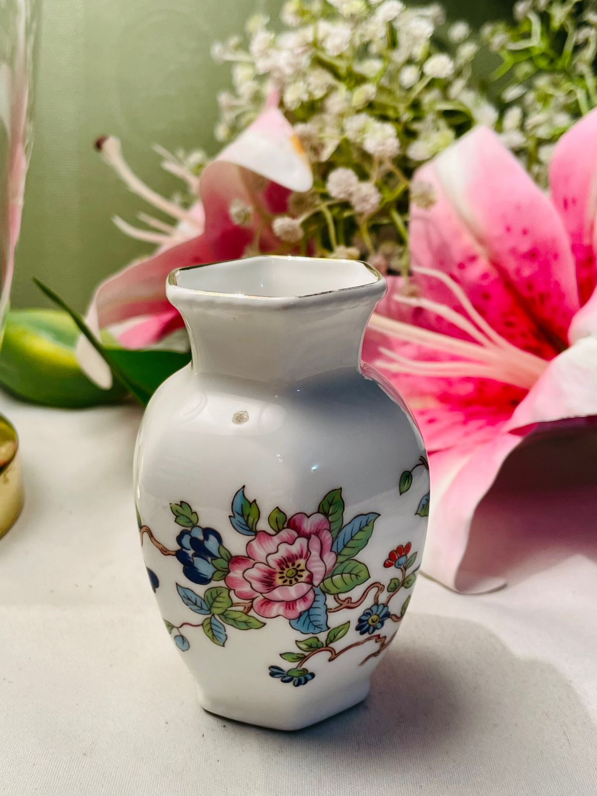Aynsley White Pink Floral Vase Gold Trim