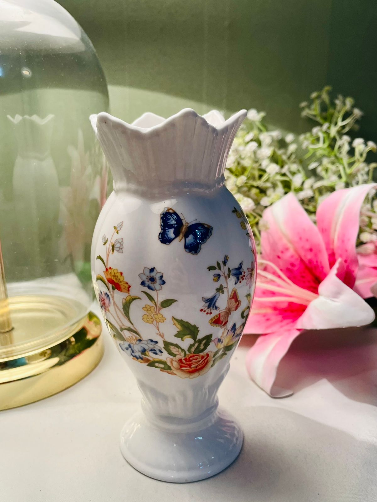 Aynsley Cottage Garden Bone China Butterfly & Floral Pedestal Vase 6 in