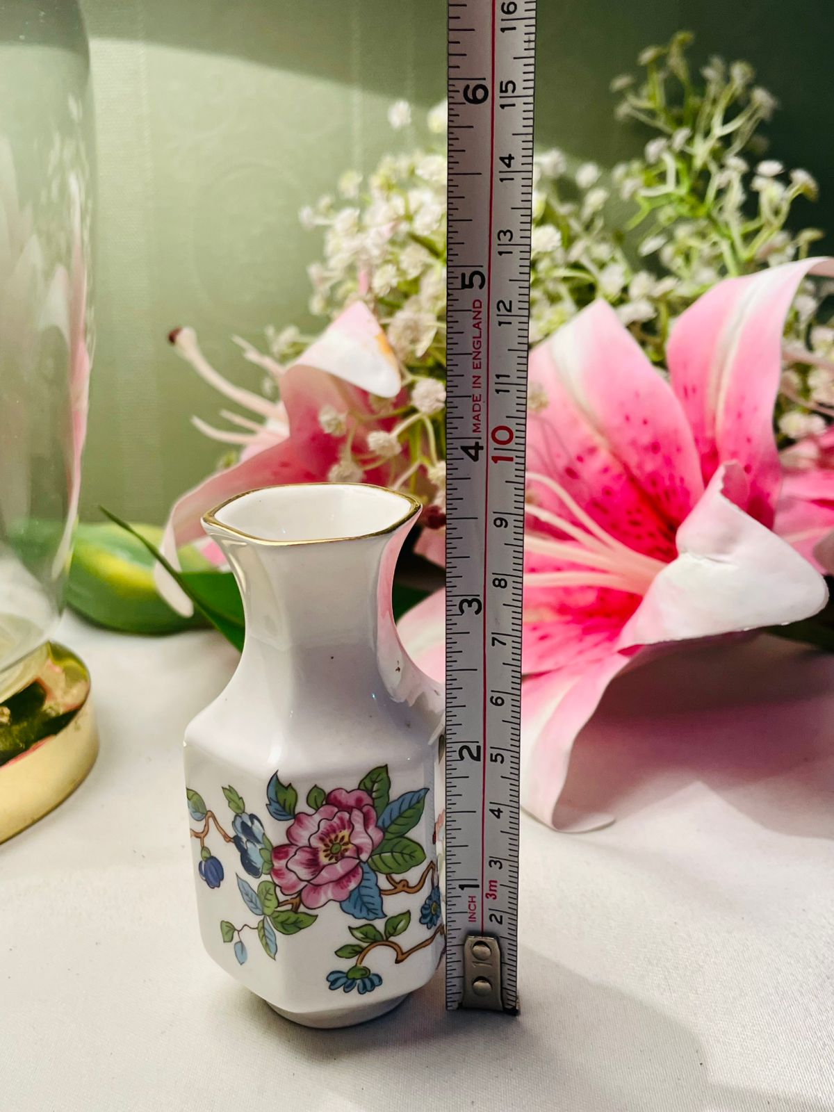 Vintage White Pink Floral Vase Gold Trim 3.5 in