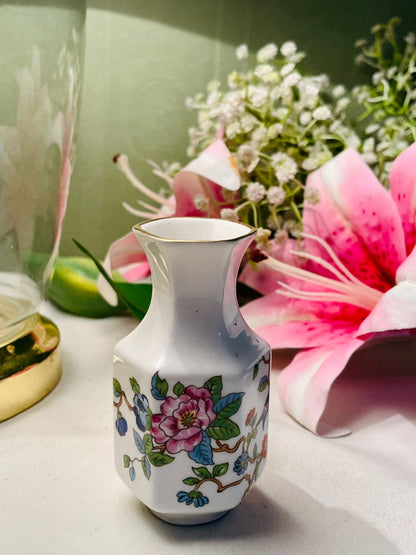 Vintage White Pink Floral Vase Gold Trim 3.5 in