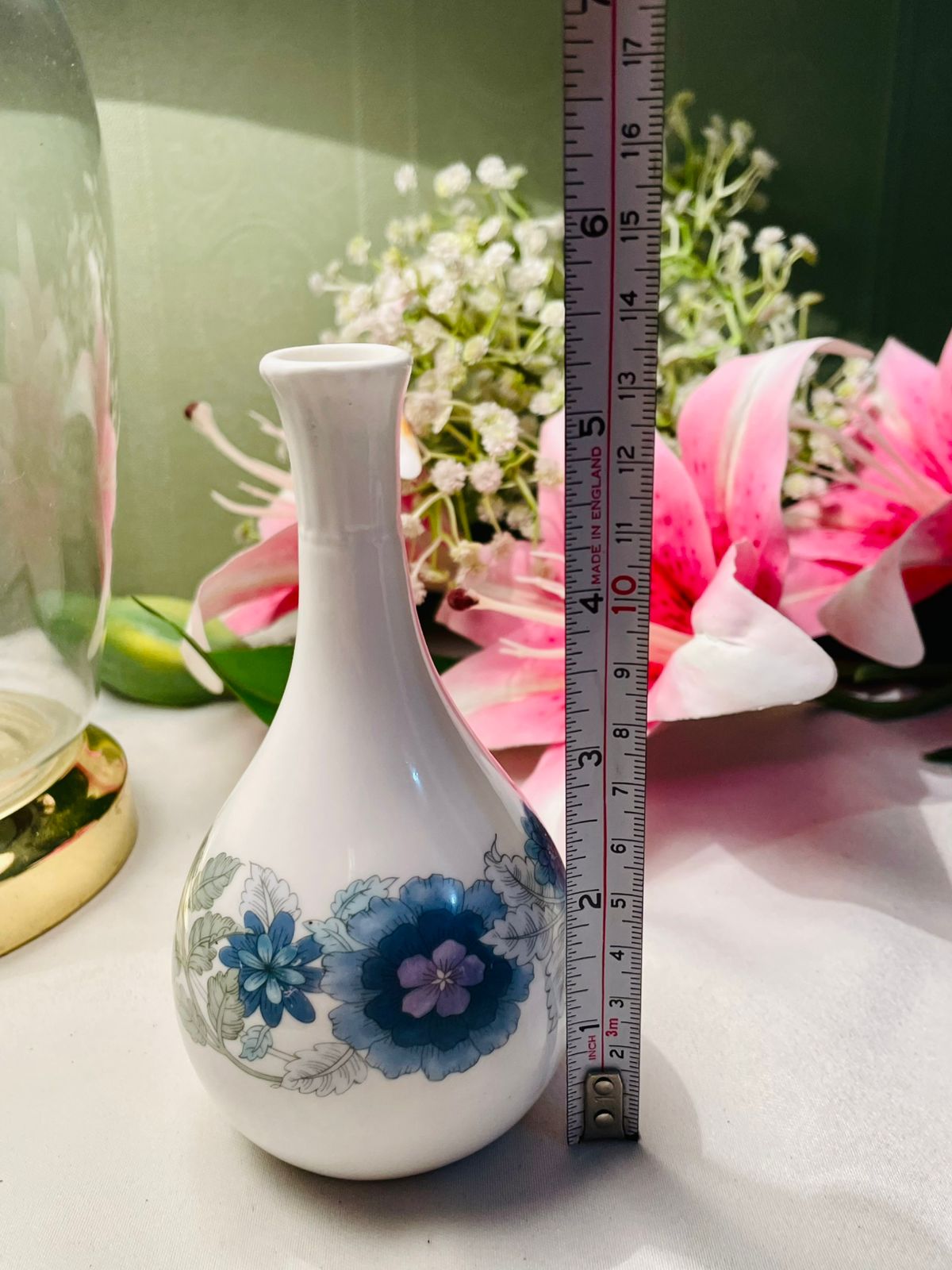 Vintage White Blue Floral Bud Vase 5 in