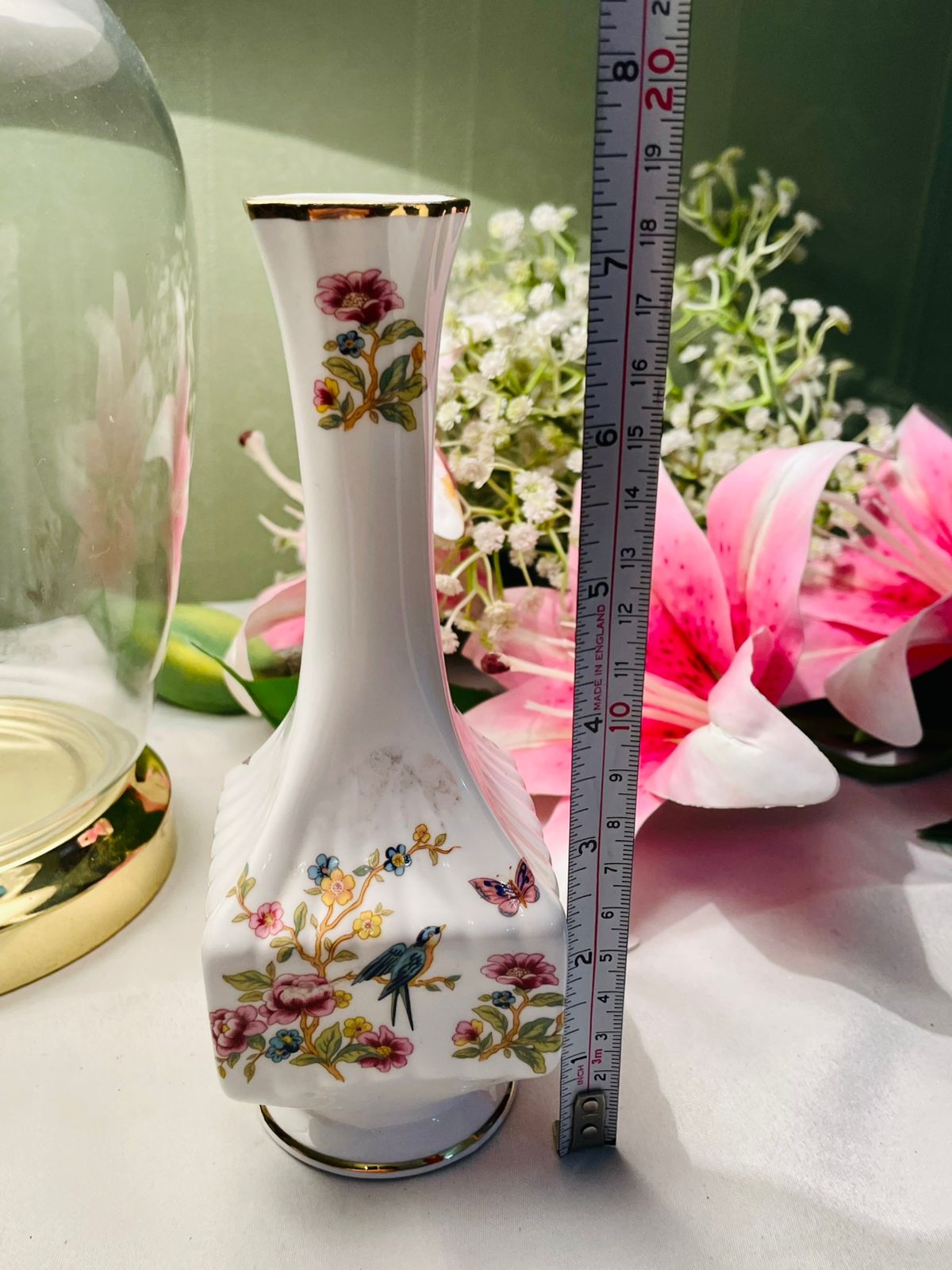 ROYAL ALBERT White Bird & Floral Vase Gold Trim