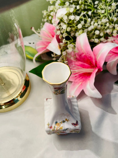 ROYAL ALBERT White Bird & Floral Vase Gold Trim