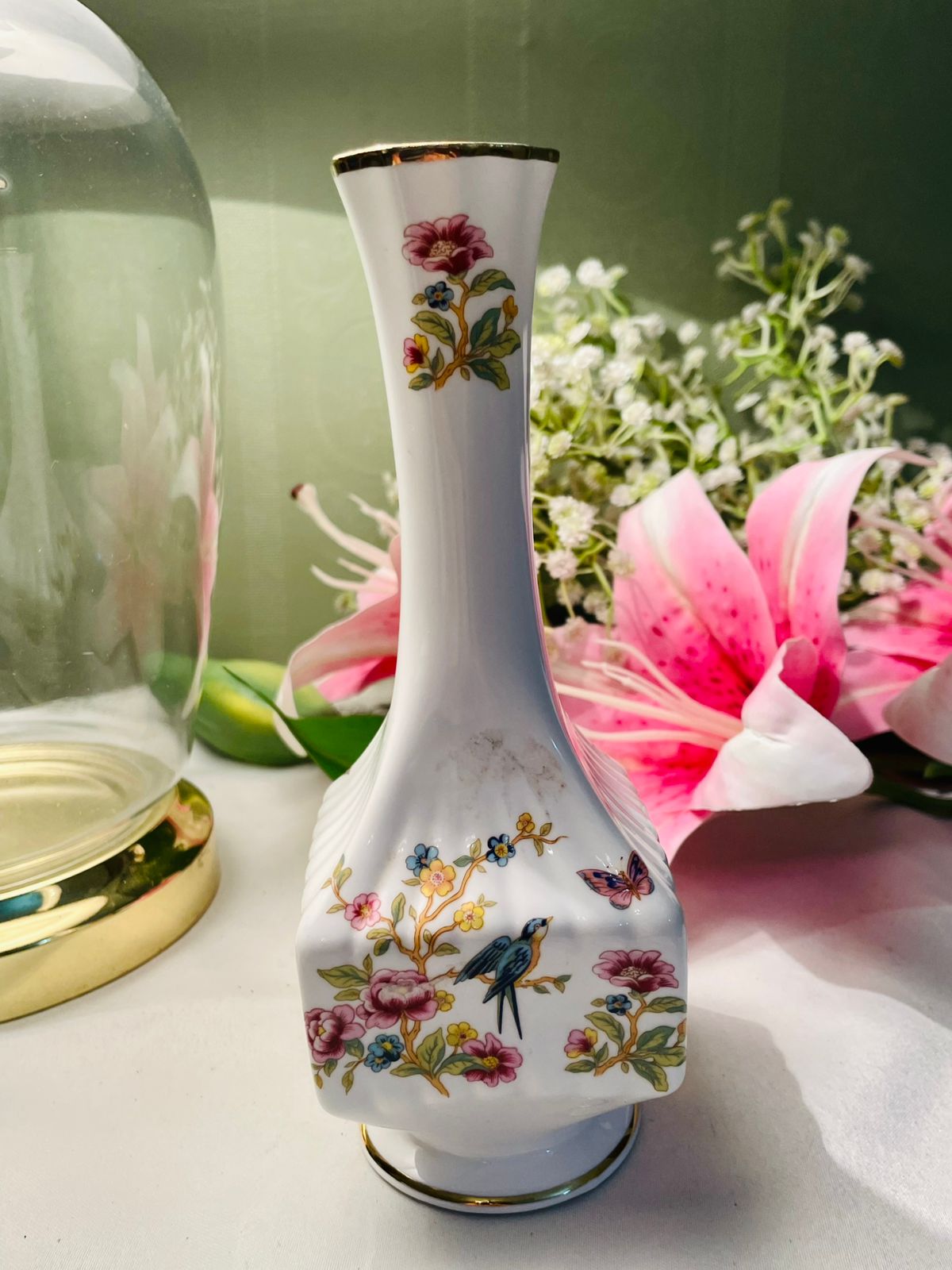 ROYAL ALBERT White Bird & Floral Vase Gold Trim