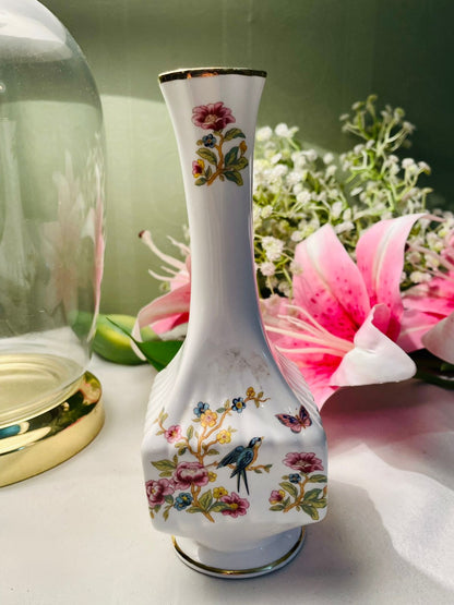 ROYAL ALBERT White Bird & Floral Vase Gold Trim
