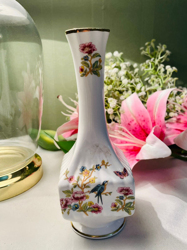 ROYAL ALBERT White Bird & Floral Vase Gold Trim