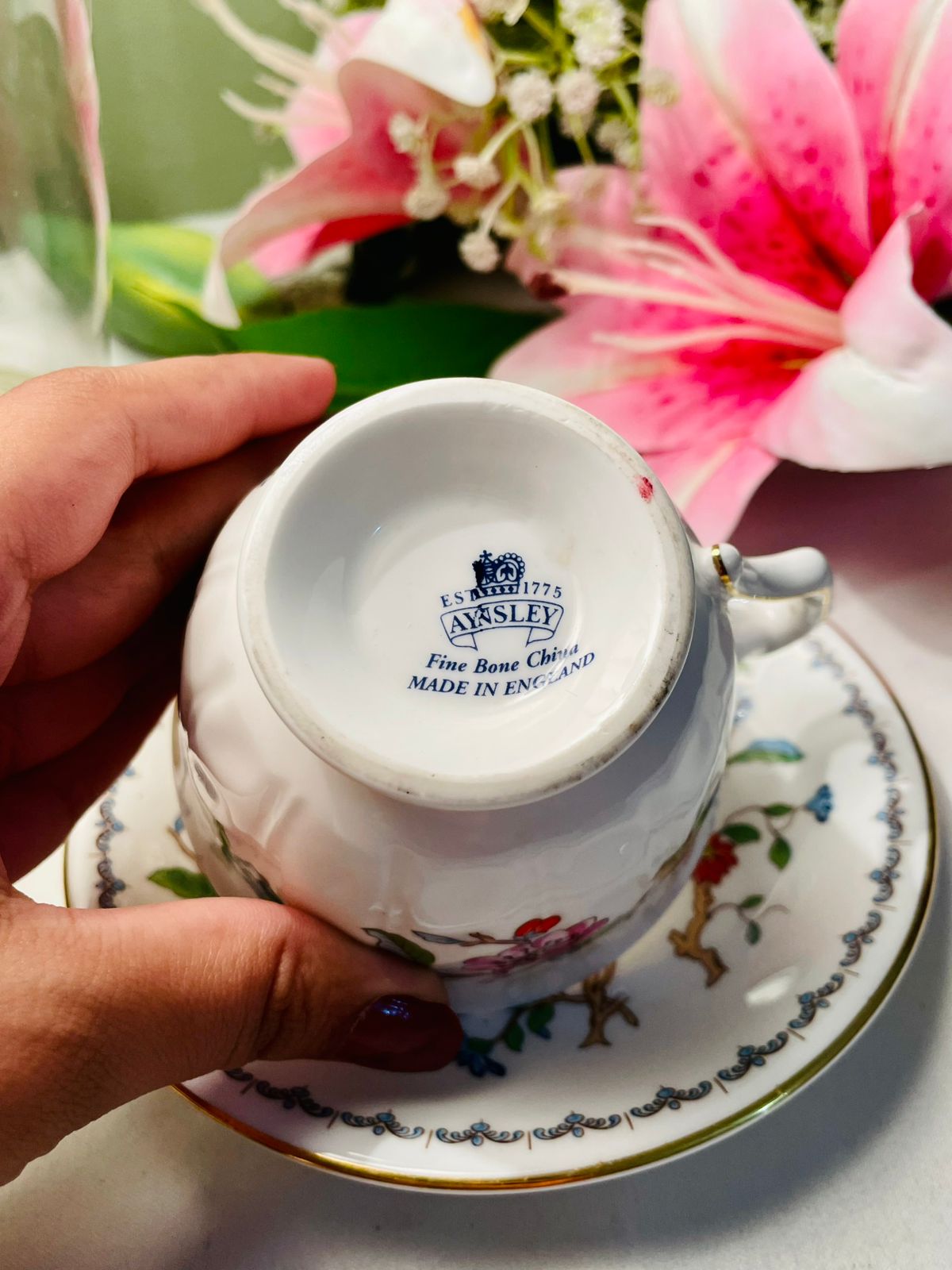Aynsley Floral Bird Teacup & Saucer Gold Trim 2 Piece