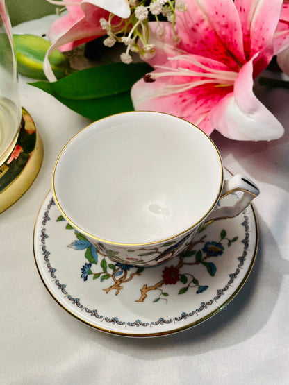Aynsley Floral Bird Teacup & Saucer Gold Trim 2 Piece