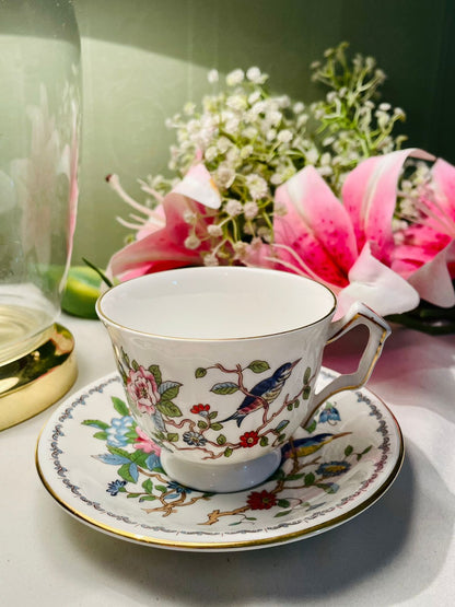 Aynsley Floral Bird Teacup & Saucer Gold Trim 2 Piece