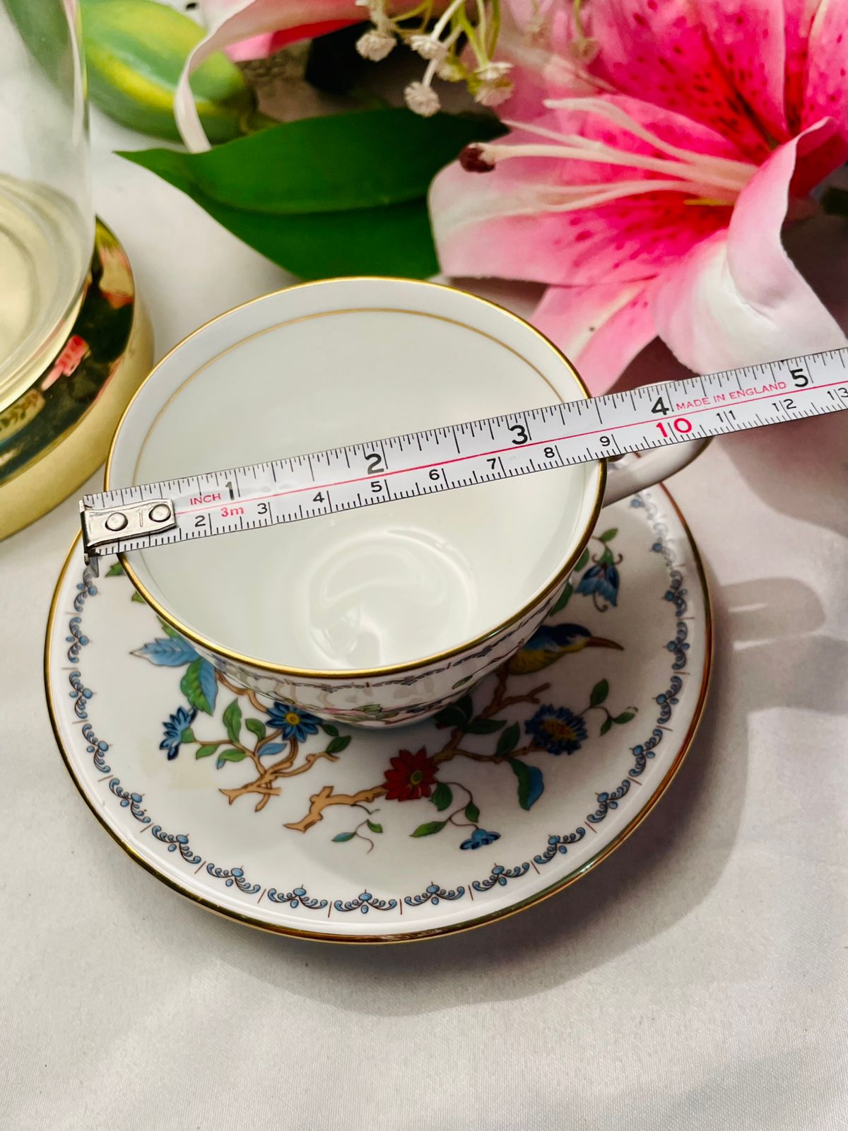 Aynsley Floral Bird Teacup & Saucer Gold Trim 2 Piece