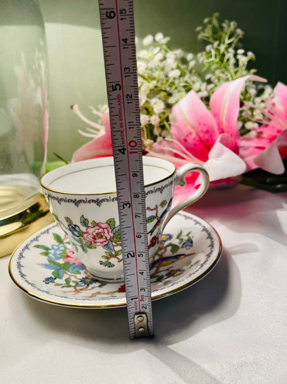 Aynsley Floral Bird Teacup & Saucer Gold Trim 2 Piece