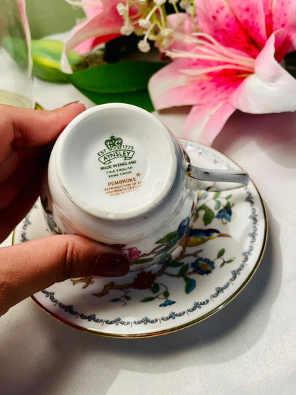 Aynsley Floral Bird Teacup & Saucer Gold Trim 2 Piece