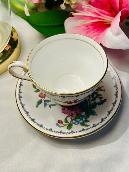 Aynsley Floral Bird Teacup & Saucer Gold Trim 2 Piece