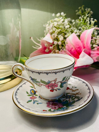 Aynsley Floral Bird Teacup & Saucer Gold Trim 2 Piece