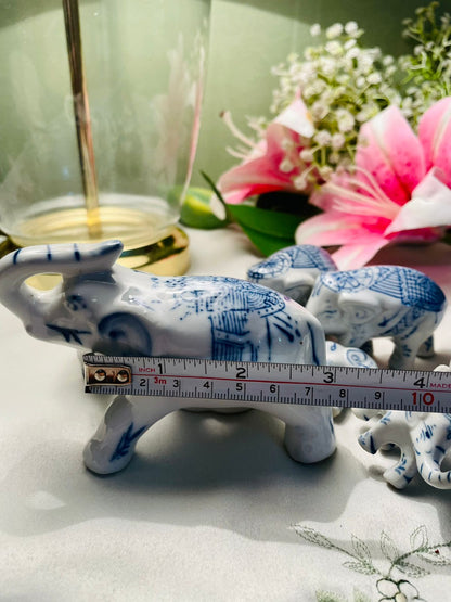 RARE FIND Set of 8 Blue & White Elephant Figurines