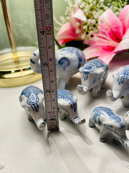 RARE FIND Set of 8 Blue & White Elephant Figurines