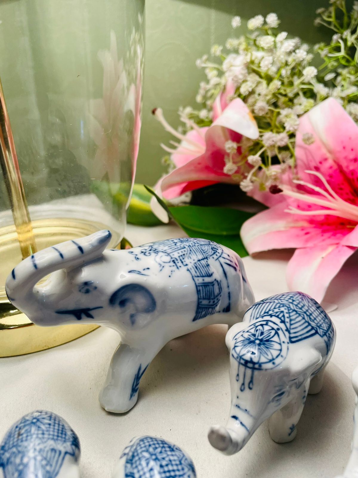RARE FIND Set of 8 Blue & White Elephant Figurines