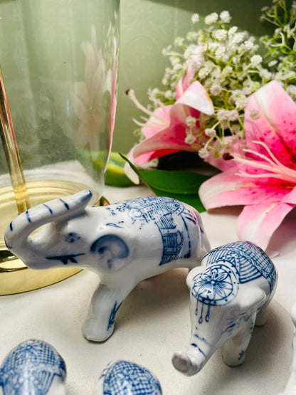 RARE FIND Set of 8 Blue & White Elephant Figurines