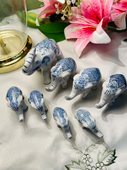 RARE FIND Set of 8 Blue & White Elephant Figurines