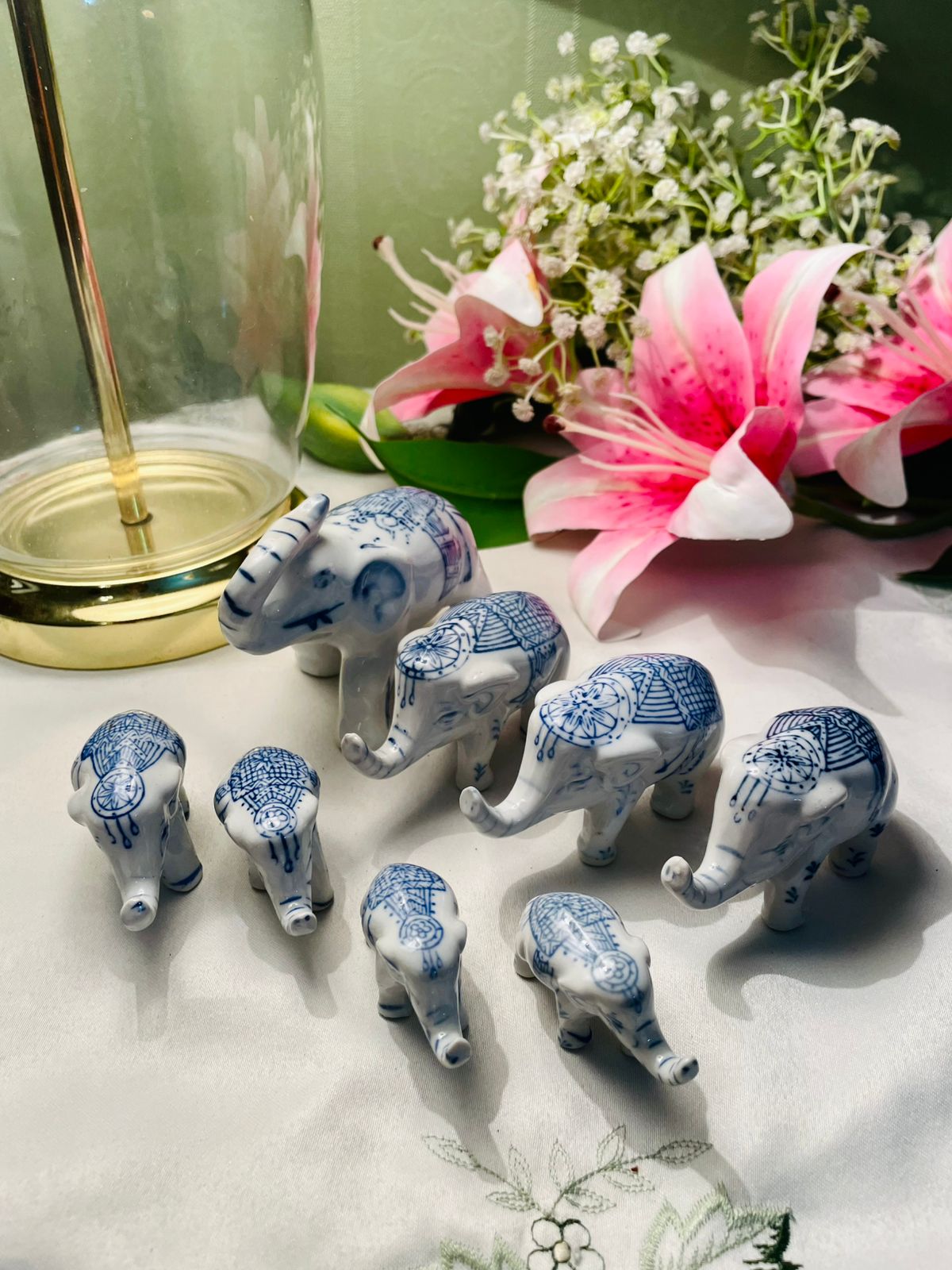 RARE FIND Set of 8 Blue & White Elephant Figurines