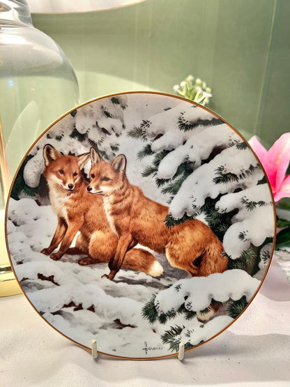 John Francis Foxes December Pines Porcelain Wall Plate 18cm