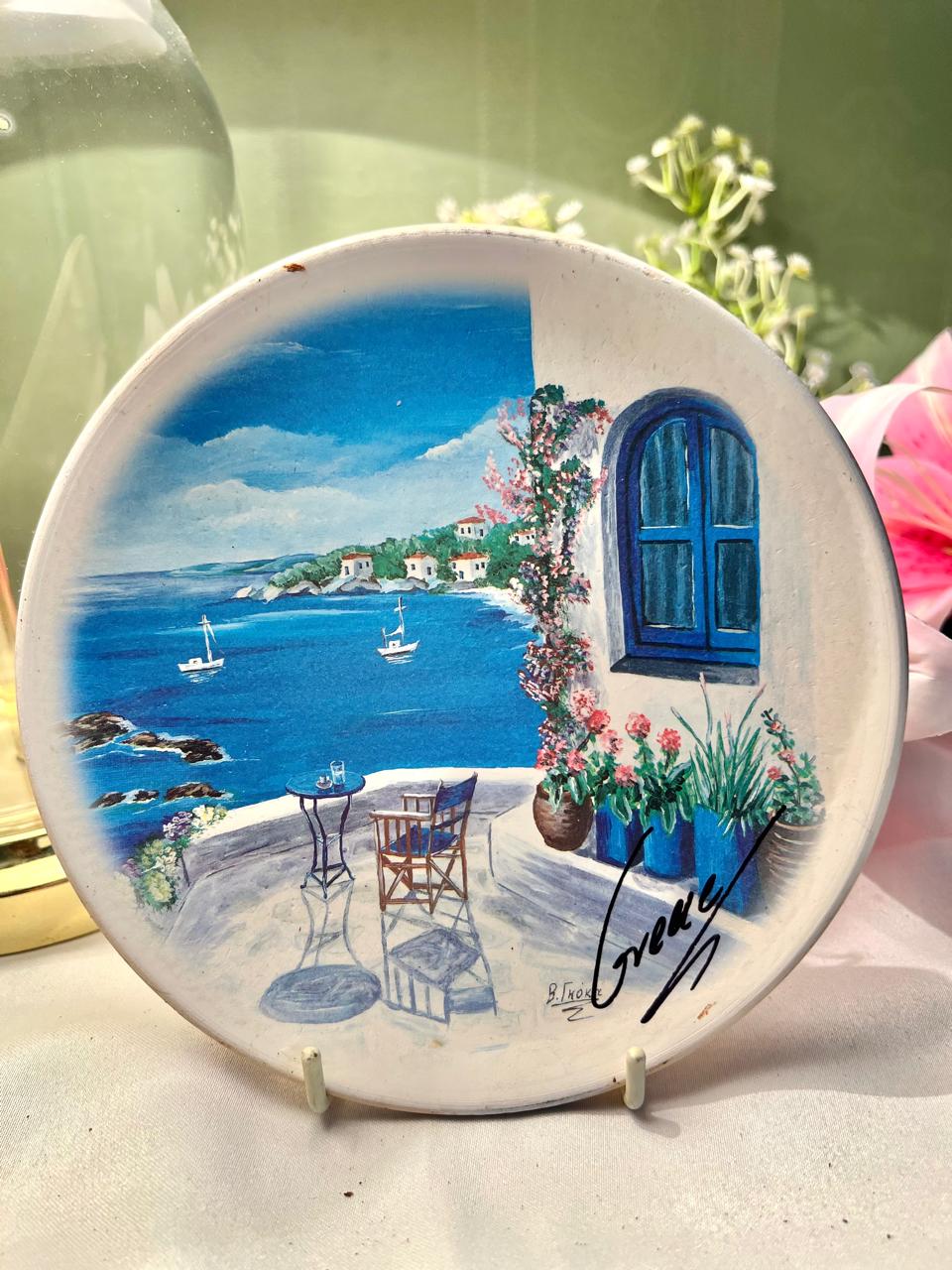 Greek Hand Painted Coastal Scene Ceramic Wall Plate 15cm Made in Greece