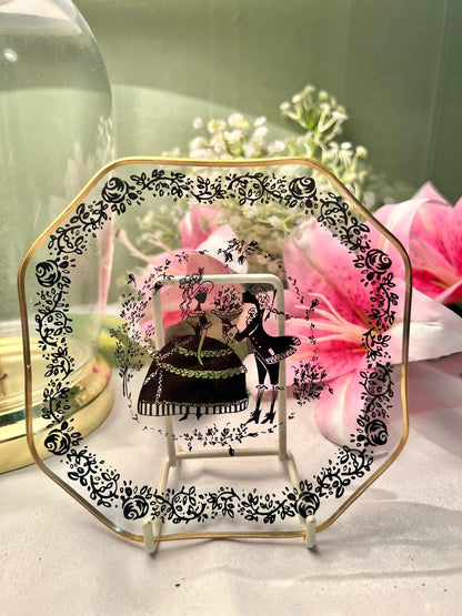 Vintage Crystal Serving Tray Black Floral Design 15cm
