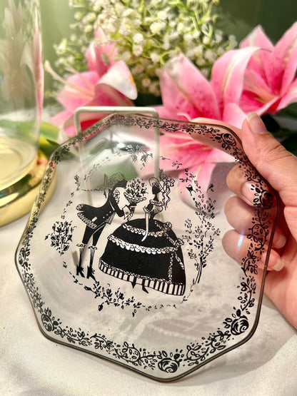 Vintage Crystal Serving Tray Black Floral Design 15cm