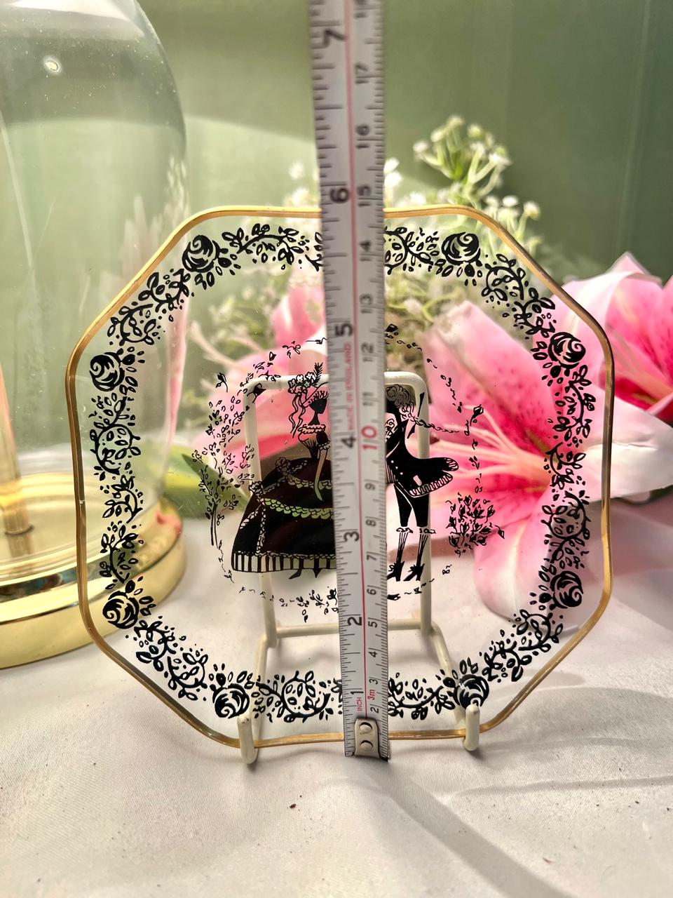 Vintage Crystal Serving Tray Black Floral Design 15cm