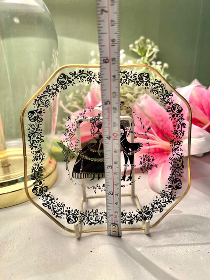 Vintage Crystal Serving Tray Black Floral Design 15cm