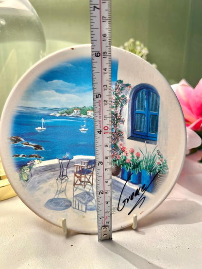 Greek Hand Painted Coastal Scene Ceramic Wall Plate 15cm Made in Greece