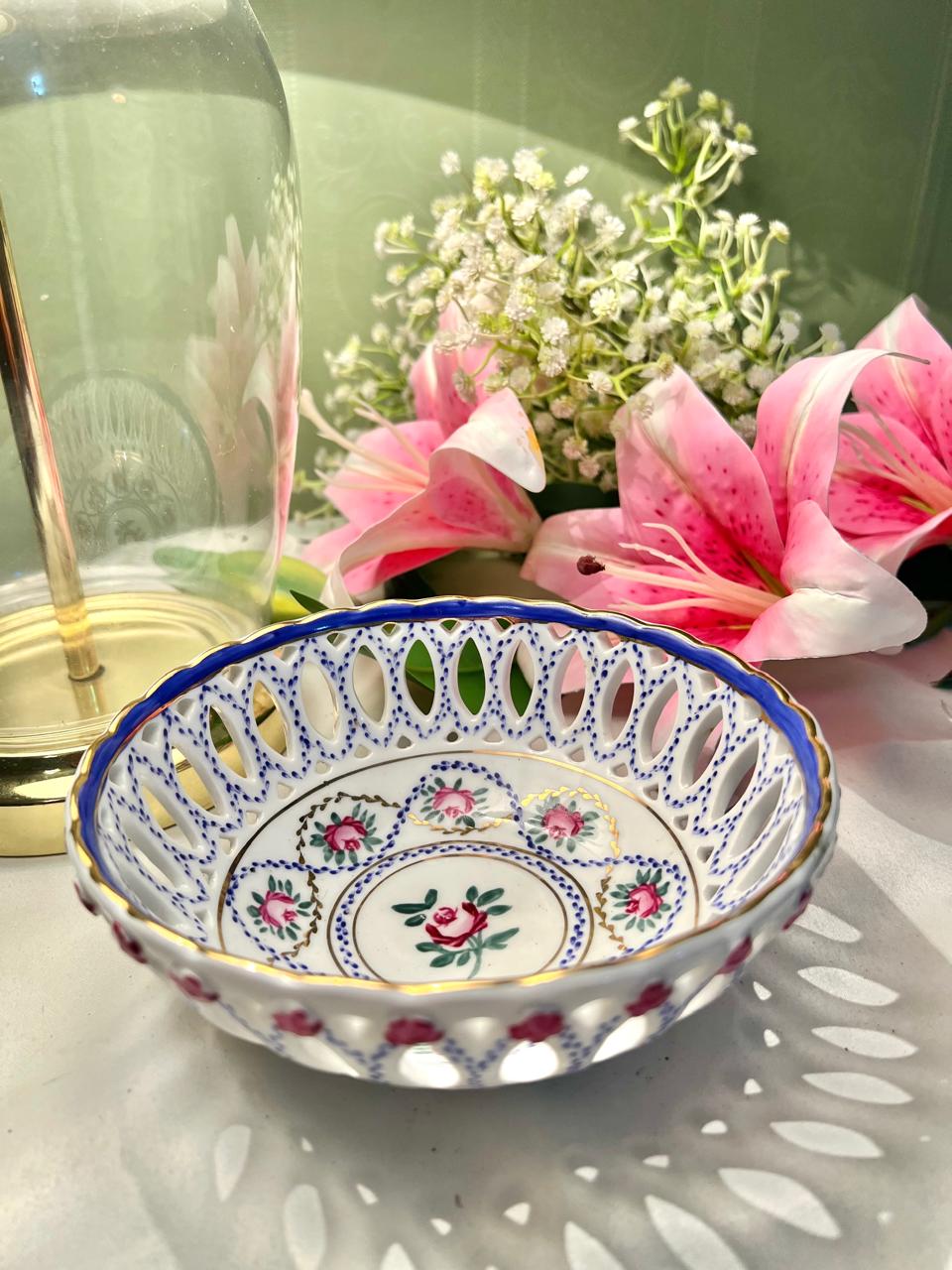 Vintage Pierced Floral Serving Bowl Blue & Gold Trim