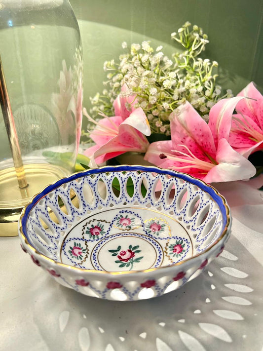 Vintage Pierced Floral Serving Bowl Blue & Gold Trim