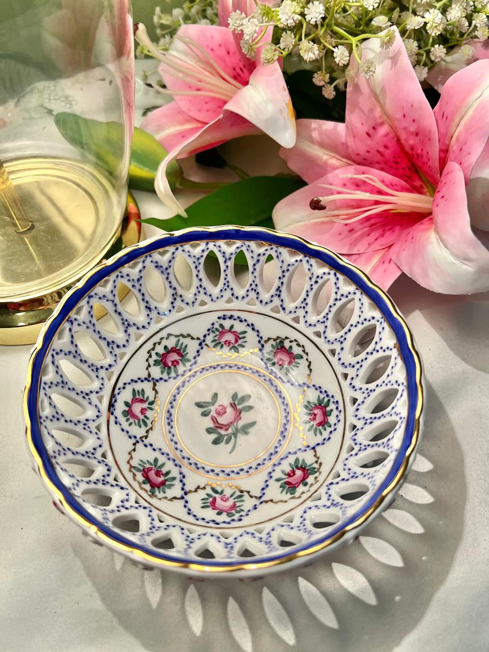 Vintage Pierced Floral Serving Bowl Blue & Gold Trim