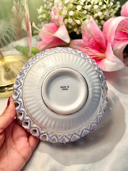Vintage Pierced Floral Serving Bowl Blue & Gold Trim
