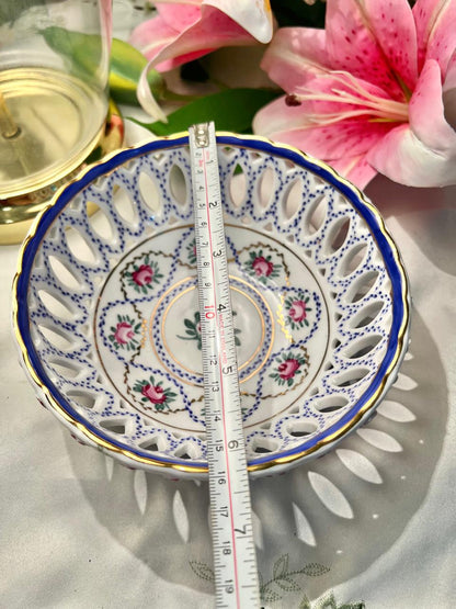 Vintage Pierced Floral Serving Bowl Blue & Gold Trim
