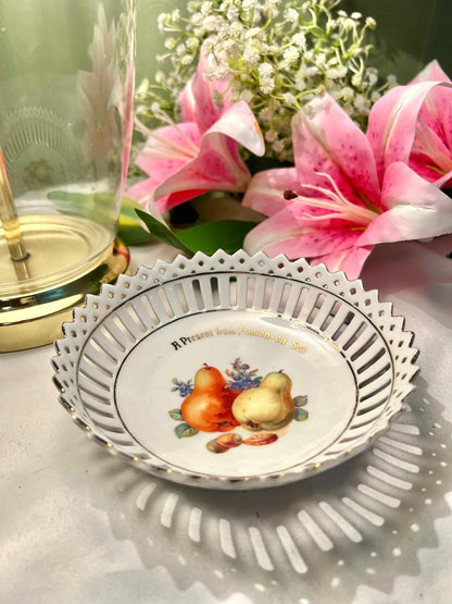 Vintage Pierced Fruit Serving Bowl Gold Trim