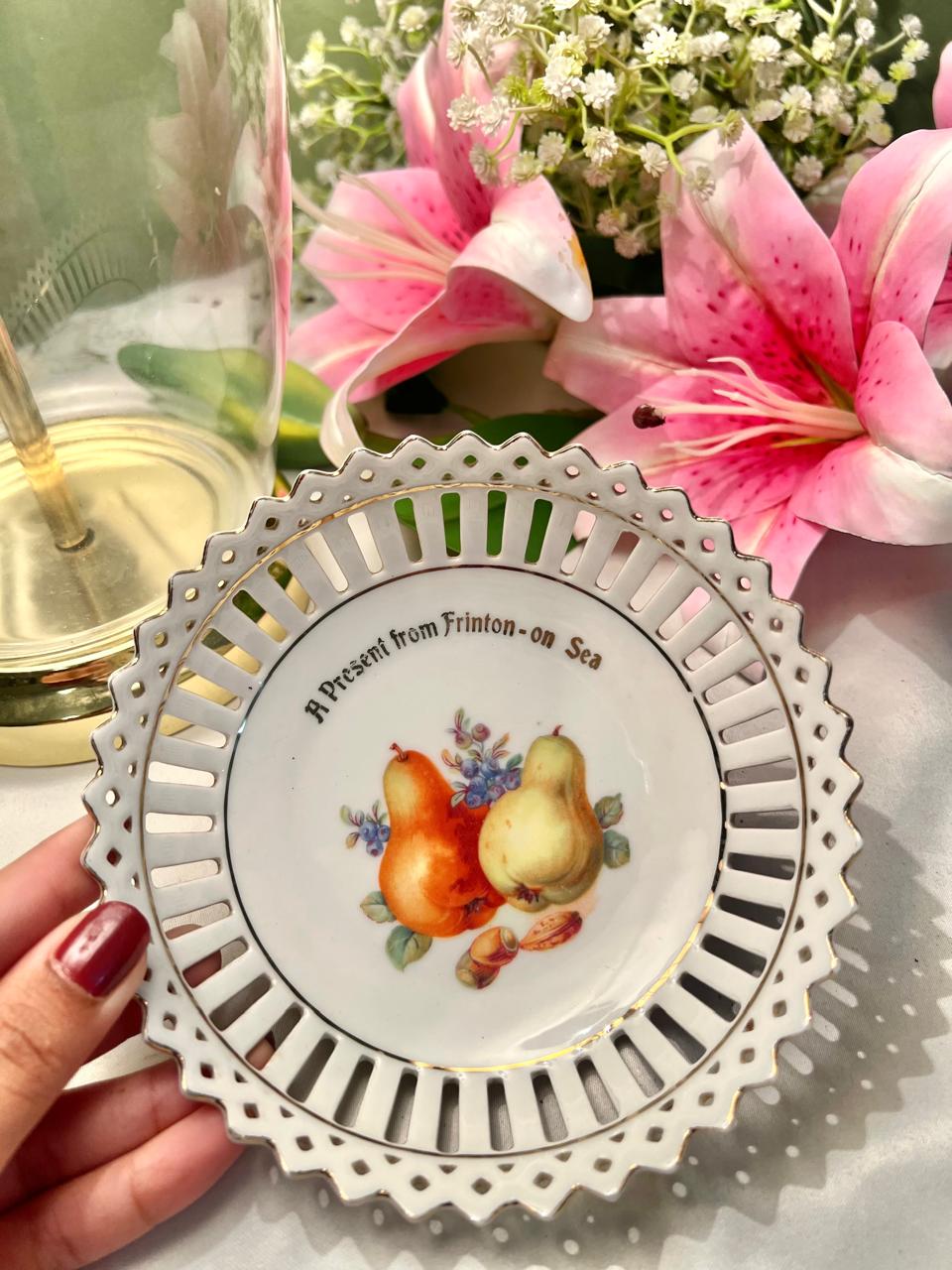 Vintage Pierced Fruit Serving Bowl Gold Trim