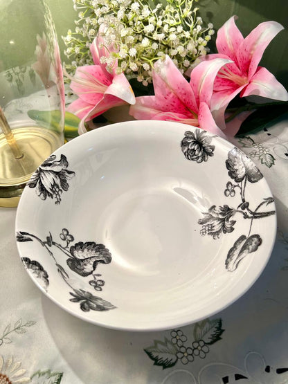 Vintage Black Floral Serving Bowl White