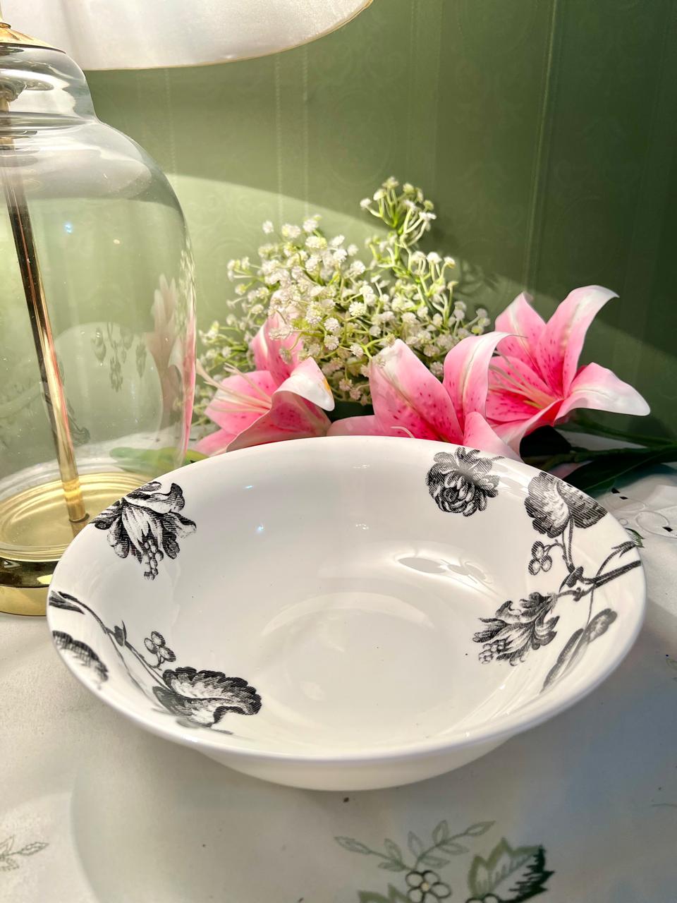 Vintage Black Floral Serving Bowl White
