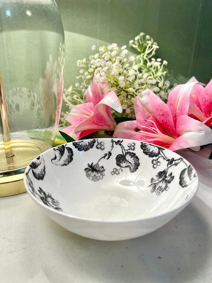 Vintage Black Floral Serving Bowl White