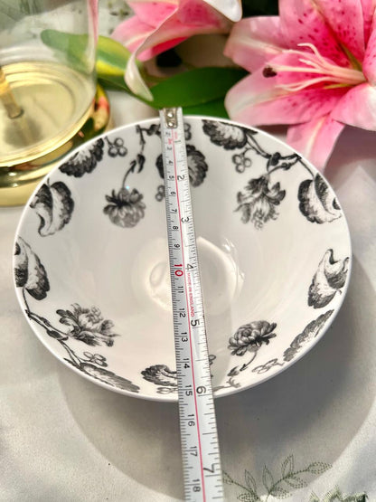 Vintage Black Floral Serving Bowl White