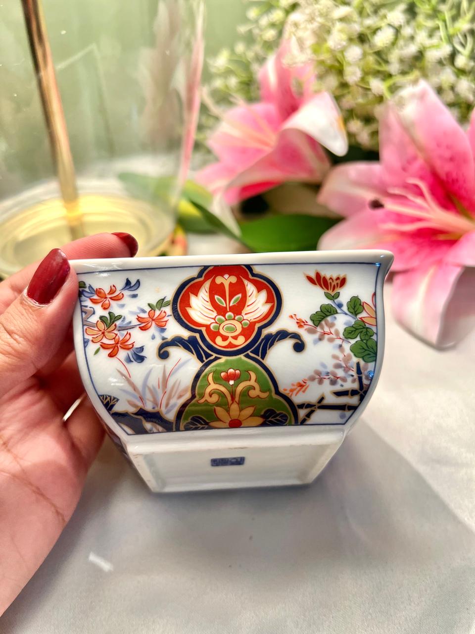 Japanese Ceramic Floral Square Planter Multicolour 4.5in