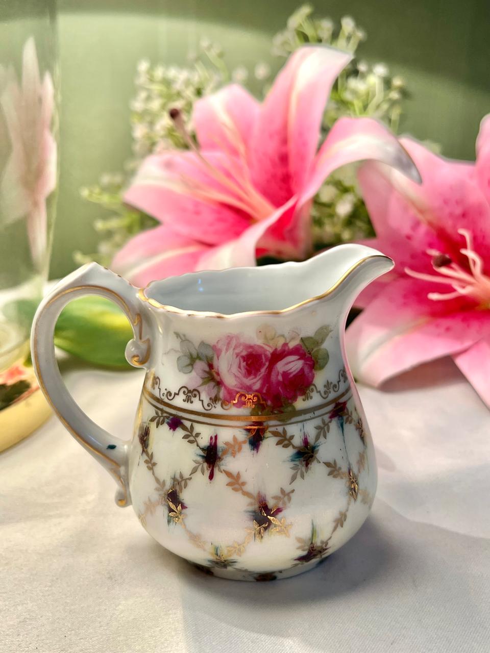 Vintage Floral Creamer Jug Pink Roses Gold Trim