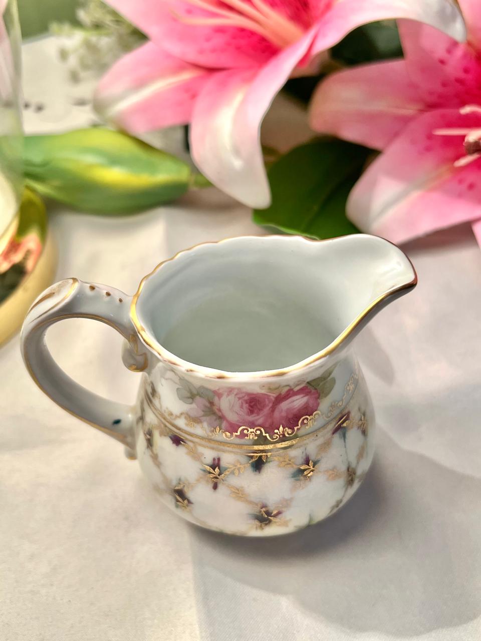 Vintage Floral Creamer Jug Pink Roses Gold Trim