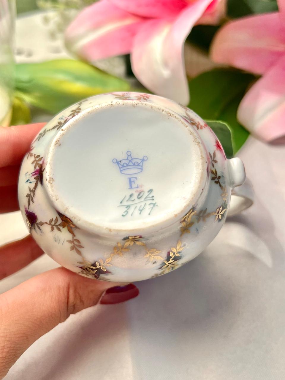 Vintage Floral Creamer Jug Pink Roses Gold Trim