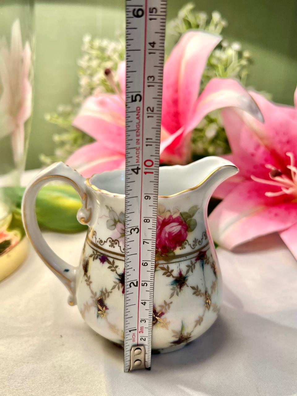 Vintage Floral Creamer Jug Pink Roses Gold Trim