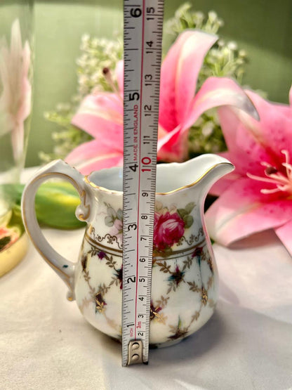 Vintage Floral Creamer Jug Pink Roses Gold Trim