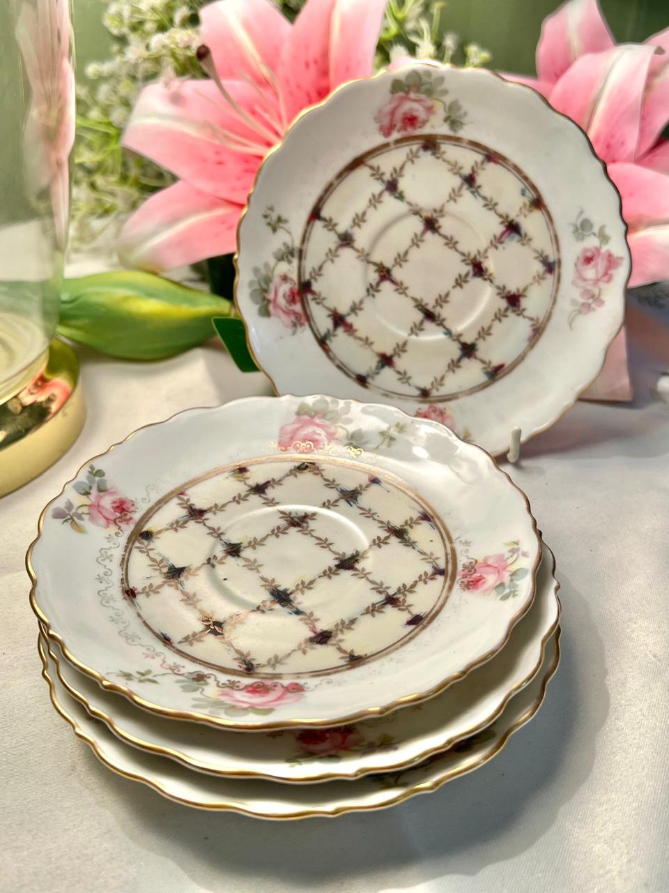 Vintage Pink Rose Lattice Plates Gold Trim Set of 4